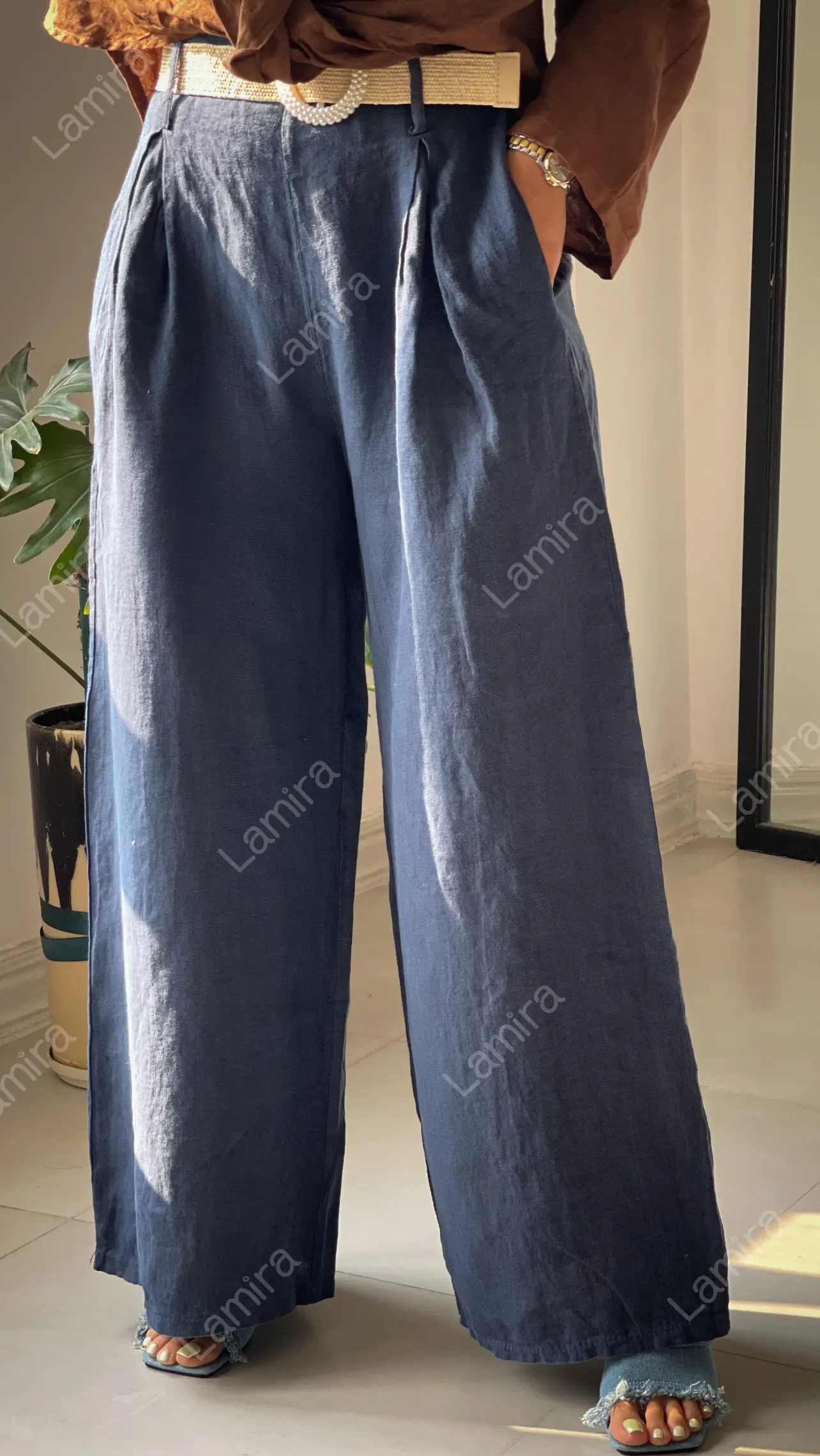 شلوار لینن ایتالیایی کمربند مرواریدی